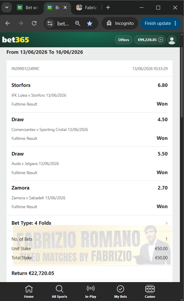 exact score fixed matches 13.06.2026